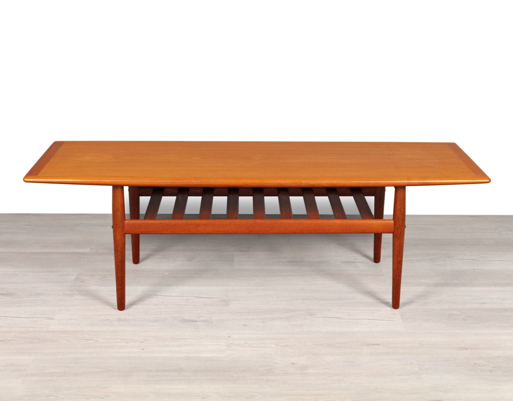 Mid century modern coffee table Grete Jalk Danish 1960 vintage teak Glostrup Mobelfabrik shelf sofa table Scandinavian original design