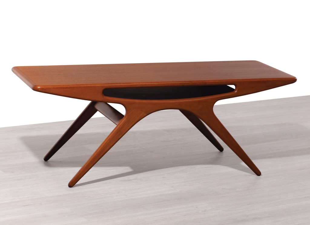Mid century modern Smile Coffee Table by Johannes Andersen for CFC Silkeborg in teak Danish original vintage 1950 imported side view