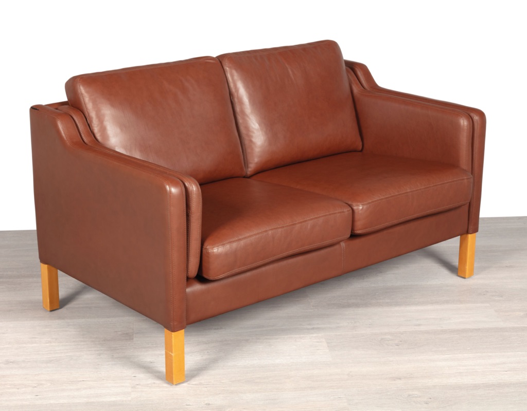 Mid century modern couch sofa Danish vintage Mogens Hansen leather 2 seater by Skalma other seating by Skipper Borge Mogensen design Stouby original Scandinavian imported seating patina beech frame cognac original