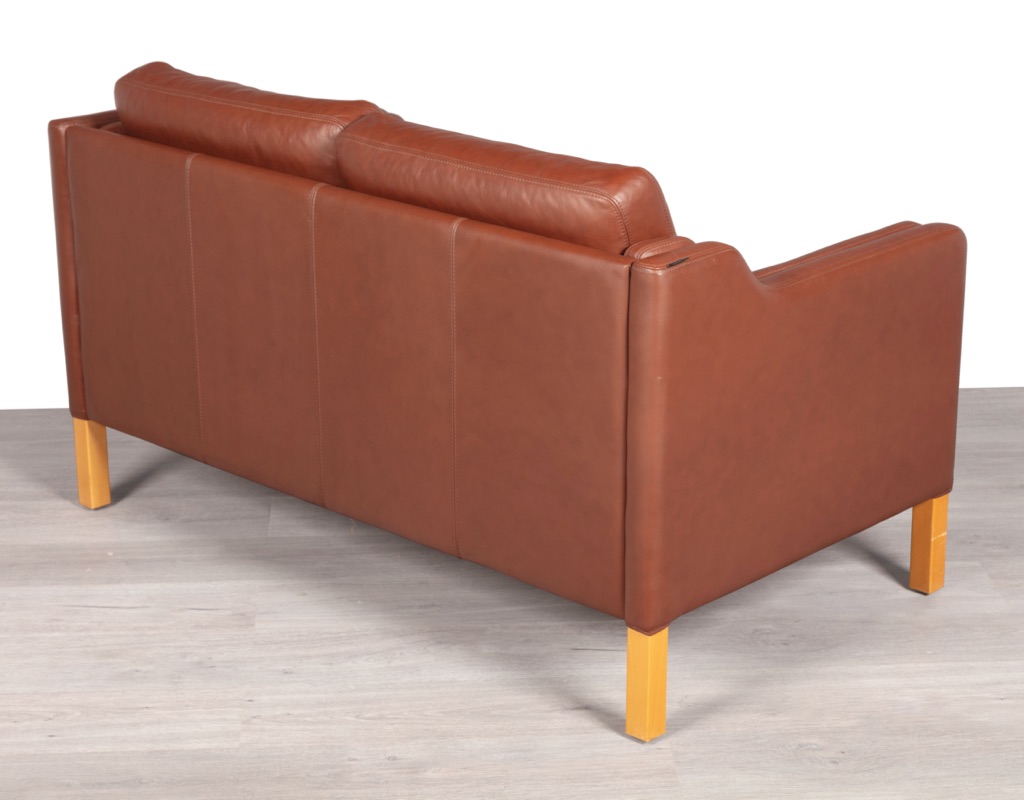 Mid century modern couch sofa Danish vintage Mogens Hansen leather 2 seater by Skalma other seating by Skipper Borge Mogensen design Stouby original Scandinavian imported seating patina beech frame back in leather panels