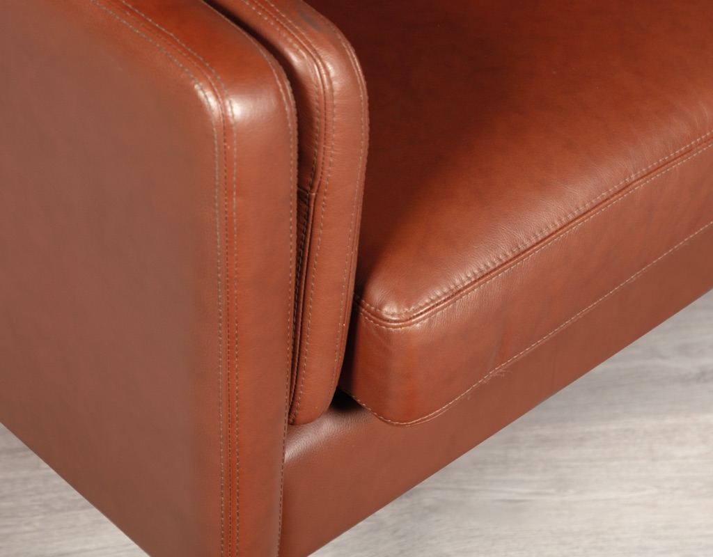 Mid century modern couch sofa Danish vintage Mogens Hansen leather 2 seater by Skalma other seating by Skipper Borge Mogensen design Stouby original Scandinavian imported seating patina beech frame arm detail