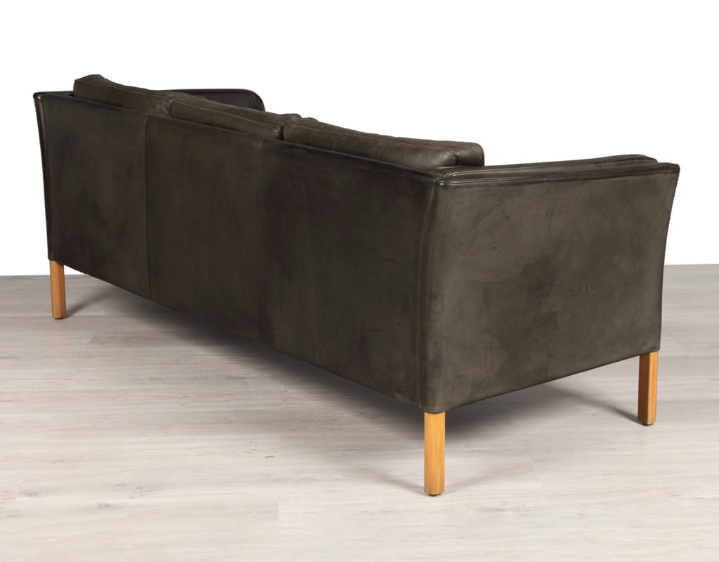 Mid century modern couch sofa Danish vintage Mogens Hansen leather 3 seater Skipper Borge Mogensen design Stouby original Scandinavian imported seating patina beech frame back view