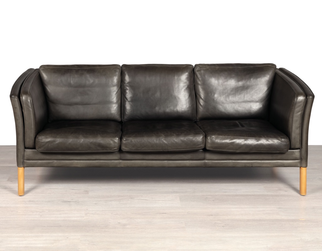 Mid century modern couch sofa Danish vintage Mogens Hansen leather 3 seater Skipper Borge Mogensen design Stouby original Scandinavian imported seating patina beech frame