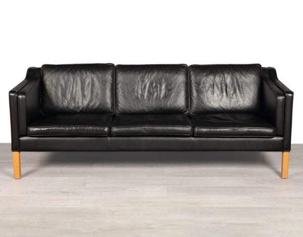 Mid century modern Danish vintage couch sofa by Skipper Furniture Scandinavian seating by Stouby Mogens Hansen Denmark Borge Mogensen Grant Mobler imported original leather patina 3 seater 2 seater Black leather