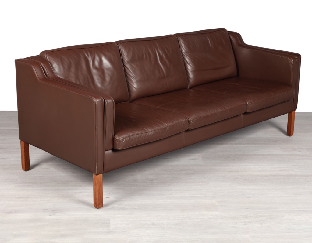 Mid century modern Danish vintage couch sofa by Skipper Furniture Scandinavian seating by Stouby Mogens Hansen Denmark Borge Mogensen Grant Mobler imported original leather patina 3 seater 2 seater beech dark legs