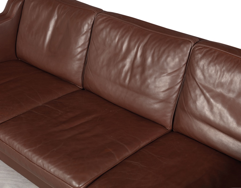 Mid century modern Danish vintage couch sofa by Skipper Furniture Scandinavian seating by Stouby Mogens Hansen Denmark Borge Mogensen Grant Mobler imported original leather patina 3 seater 2 seater large brown