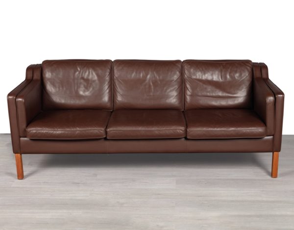 Mid century modern Danish vintage couch sofa by Skipper Furniture Scandinavian seating by Stouby Mogens Hansen Denmark Borge Mogensen Grant Mobler imported original leather patina 3 seater 2 seater Brown
