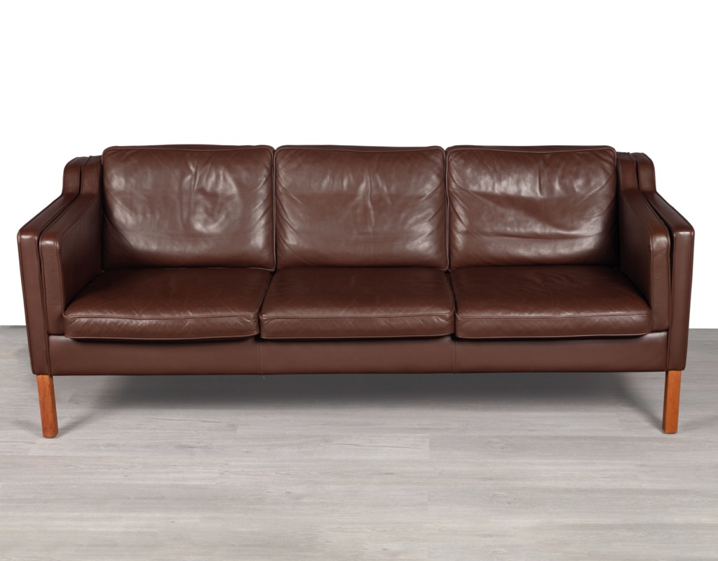 Mid century modern Danish vintage couch sofa by Skipper Furniture Scandinavian seating by Stouby Mogens Hansen Denmark Borge Mogensen Grant Mobler imported original leather patina 3 seater 2 seater Brown