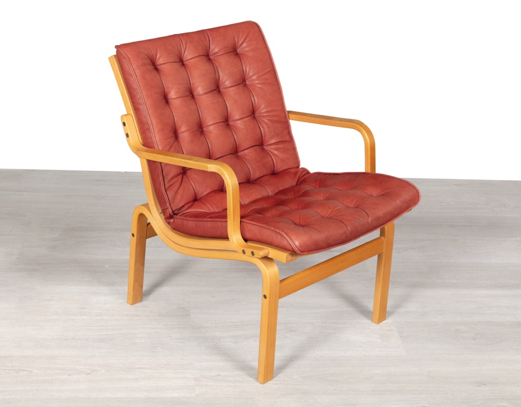 Mid century modern Danish Finn Ostergaard armchair leather and beechwood frame imported Denmark Scandinavian vintage seating Melbourne 1960 patchwork