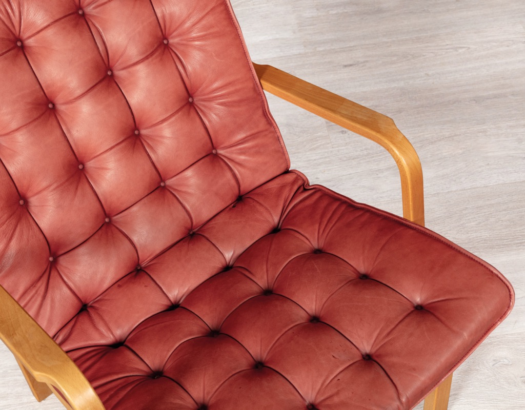 Mid century modern Danish Finn Ostergaard armchair leather and beechwood frame imported Denmark Scandinavian vintage seating Melbourne 1960 buttons