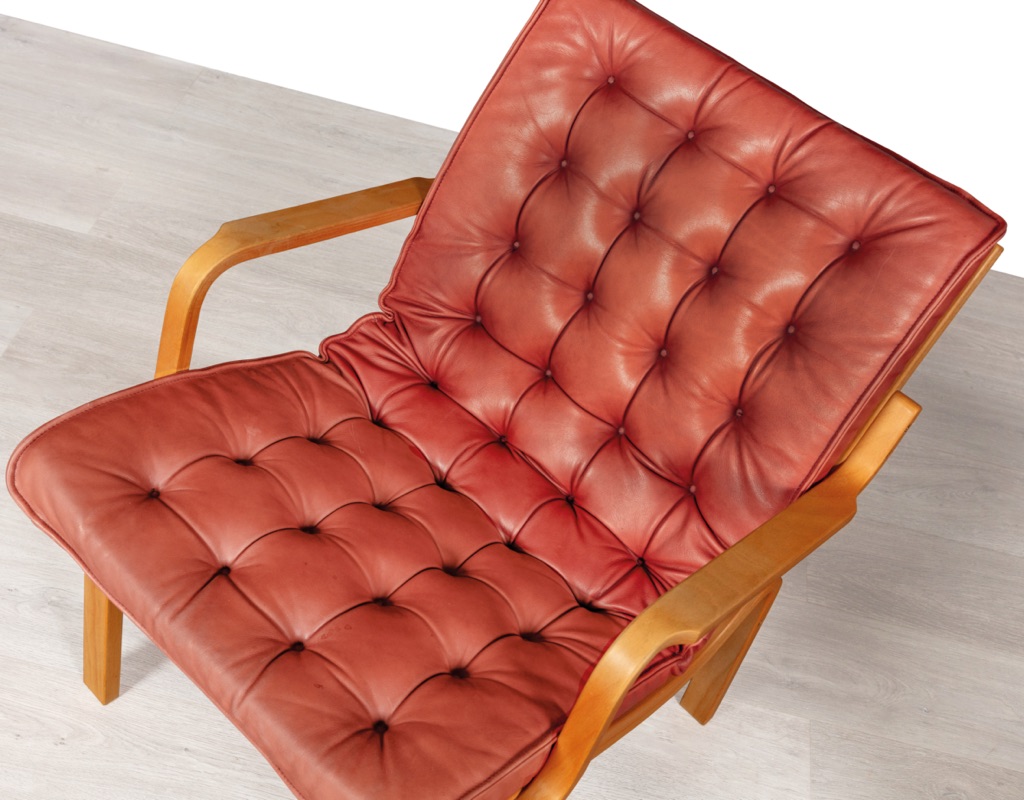 Mid century modern Danish Finn Ostergaard armchair leather and beechwood frame imported Denmark Scandinavian vintage seating Melbourne 1960 patina aged leather