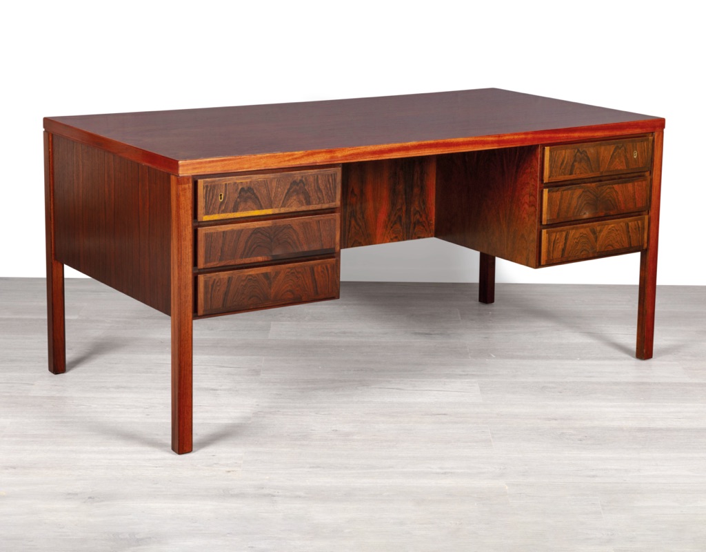 Mid Century Modern Desk Executive Writing_Gunni Omann Omann Jun Model 77 Danish Vintage 1960 Brazilian Rosewood Scandinavian Office Furniture rear storage drop down cupboard patina