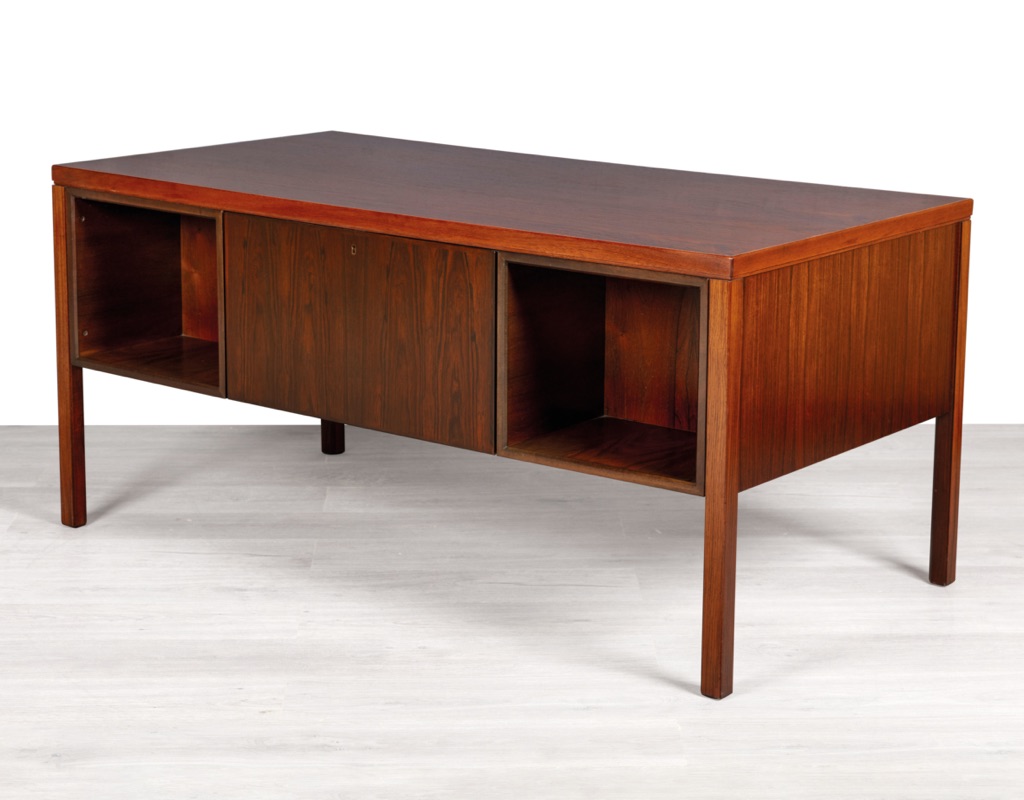 Mid Century Modern Desk Executive Writing_Gunni Omann Omann Jun Model 77 Danish Vintage 1960 Brazilian Rosewood Scandinavian Office Furniture rear storage drop down cupboard open