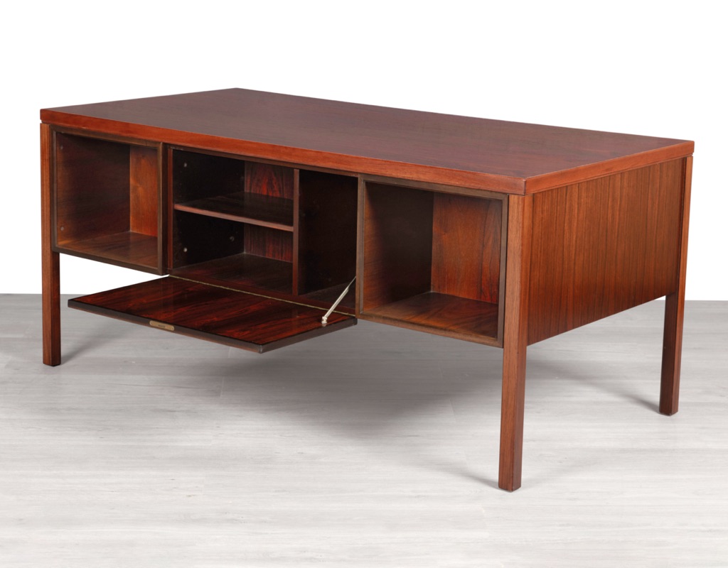 Mid Century Modern Desk Executive Writing_Gunni Omann Omann Jun Model 77 Danish Vintage 1960 Brazilian Rosewood Scandinavian Office Furniture rear storage drop down cupboard back view