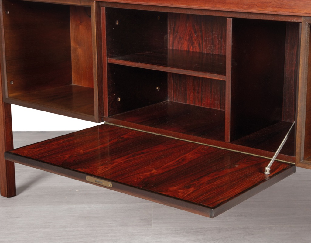 Mid Century Modern Desk Executive Writing_Gunni Omann Omann Jun Model 77 Danish Vintage 1960 Brazilian Rosewood Scandinavian Office Furniture rear storage drop down cupboard bookshelf