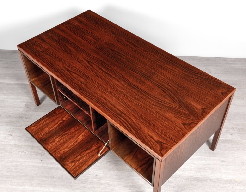 Mid Century Modern Desk Executive Writing_Gunni Omann Omann Jun Model 77 Danish Vintage 1960 Brazilian Rosewood Scandinavian Office Furniture rear storage drop down cupboard top view