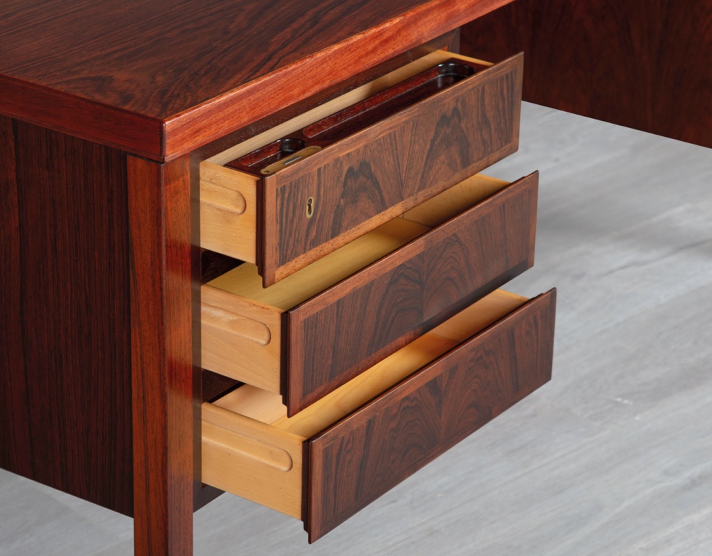 Mid Century Modern Desk Executive Writing_Gunni Omann Omann Jun Model 77 Danish Vintage 1960 Brazilian Rosewood Scandinavian Office Furniture rear storage drop down cupboard dovetail