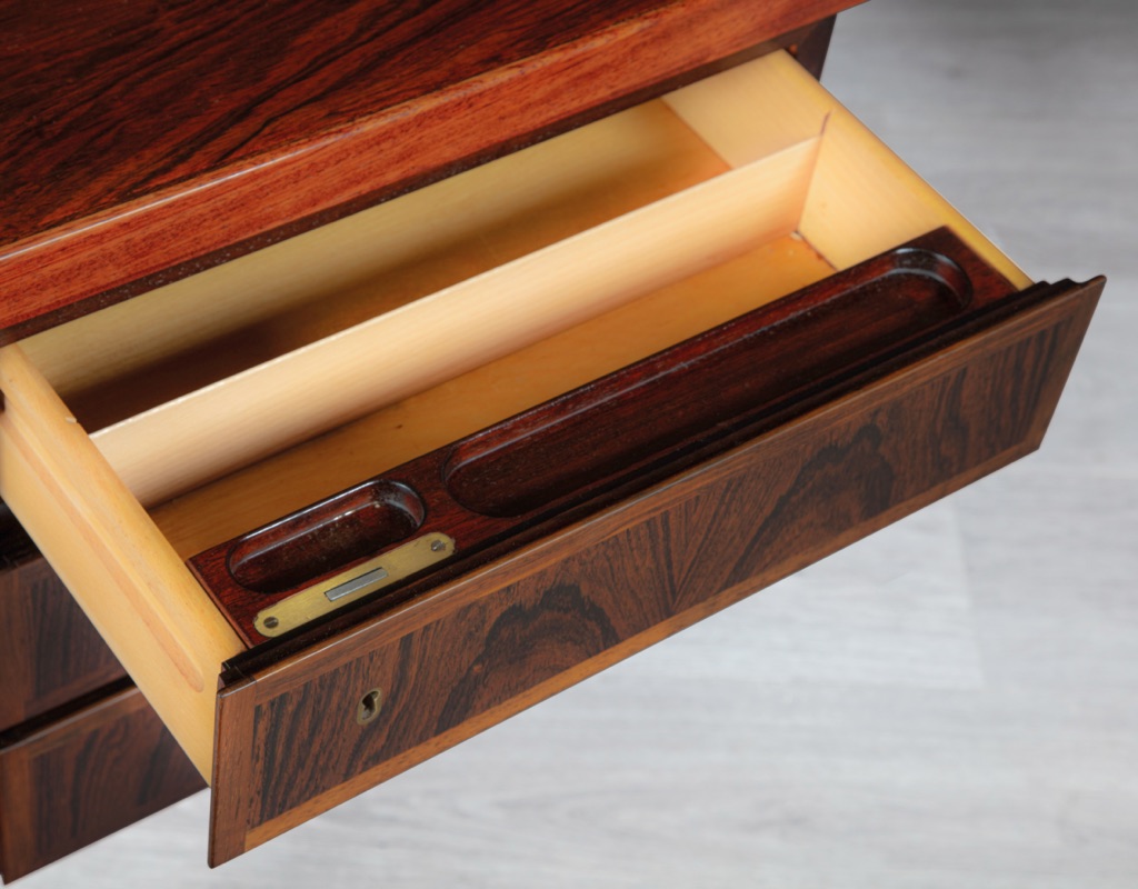 Mid Century Modern Desk Executive Writing_Gunni Omann Omann Jun Model 77 Danish Vintage 1960 Brazilian Rosewood Scandinavian Office Furniture rear storage drop down cupboard lockable