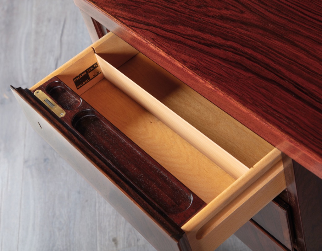 Mid Century Modern Desk Executive Writing_Gunni Omann Omann Jun Model 77 Danish Vintage 1960 Brazilian Rosewood Scandinavian Office Furniture rear storage drop down cupboard drawer