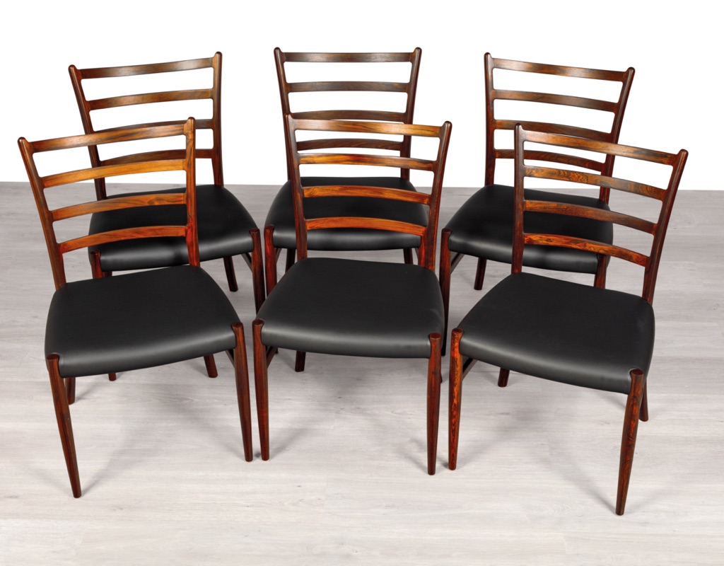 Mid century modern dining chairs Danish vintage 1960s Skovby Furniture Brazilian Rosewood teak oak original imported Scandinavian design dining room seating set of six chairs ladderback