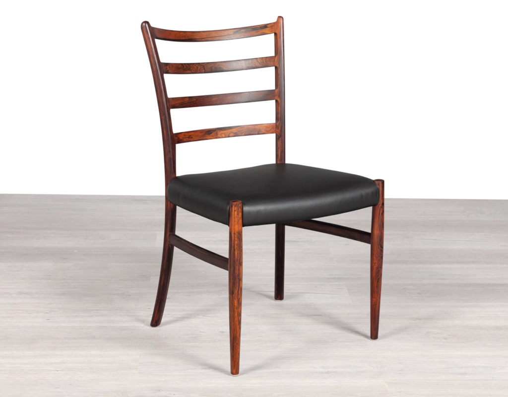 Mid century modern dining chairs Danish vintage 1960s Skovby Furniture Brazilian Rosewood teak oak original imported Scandinavian design dining room seating side view