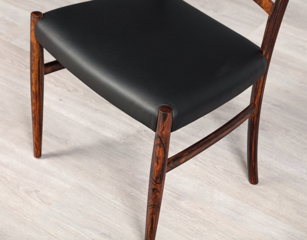 Mid century modern dining chairs Danish vintage 1960s Skovby Furniture Brazilian Rosewood teak oak original imported Scandinavian design dining room seating seat detail new leather
