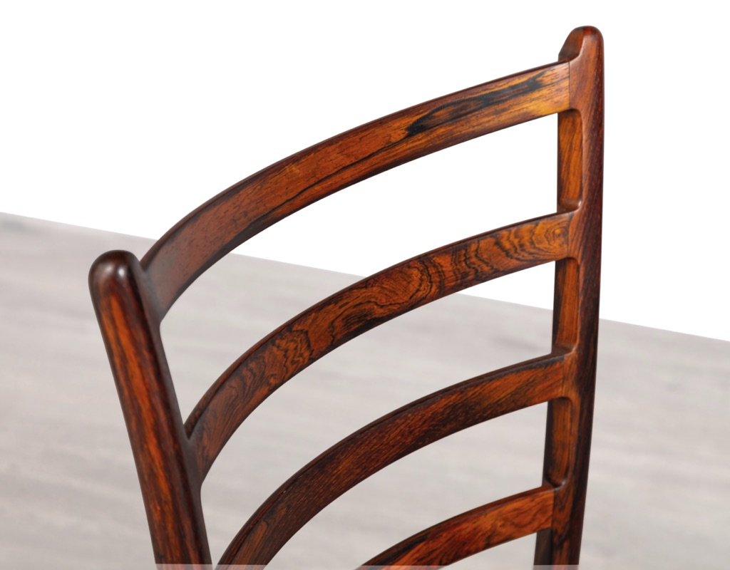 Mid century modern dining chairs Danish vintage 1960s Skovby Furniture Brazilian Rosewood teak oak original imported Scandinavian design dining room seating ladderback close up