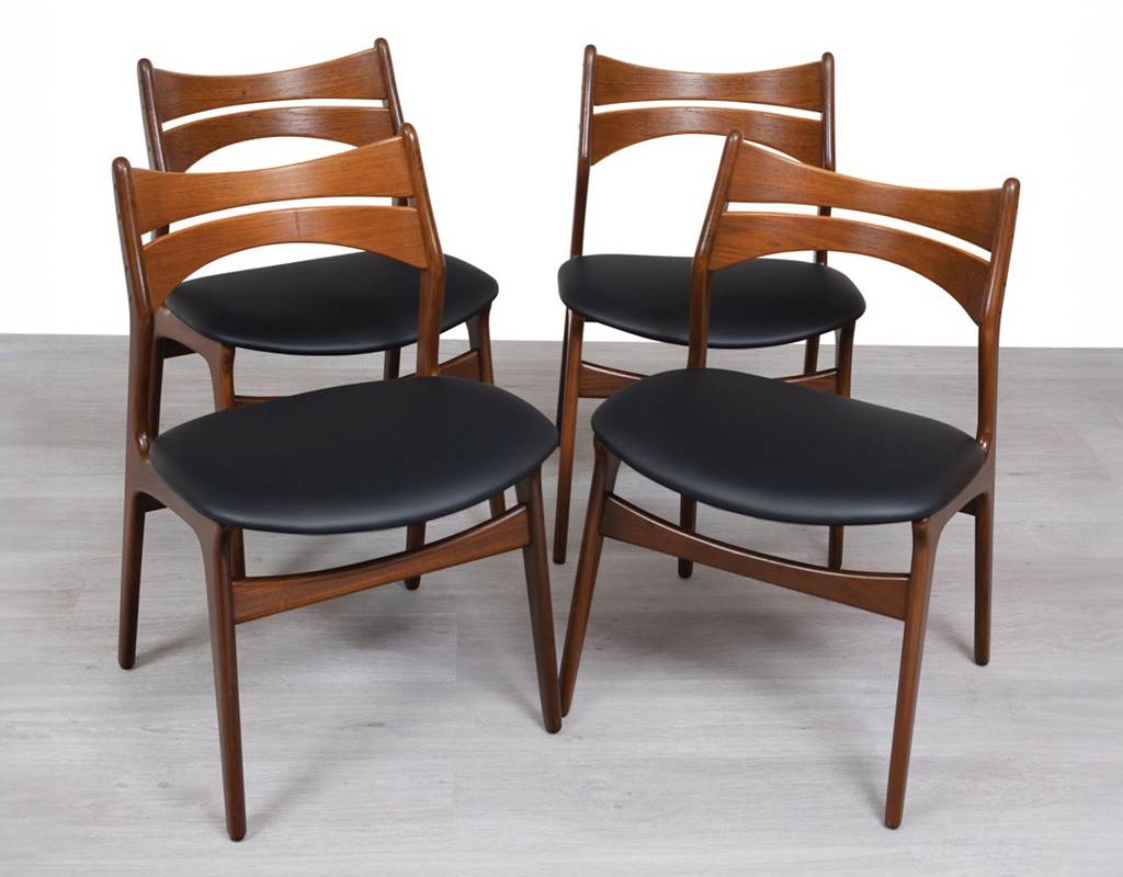 Mid century modern Erik Buch Model 310 dining chairs Danish vintage 1960s teak Christiansens Mobelfabrik original Scandinavian seating Brazilian Rosewood leather upholstery