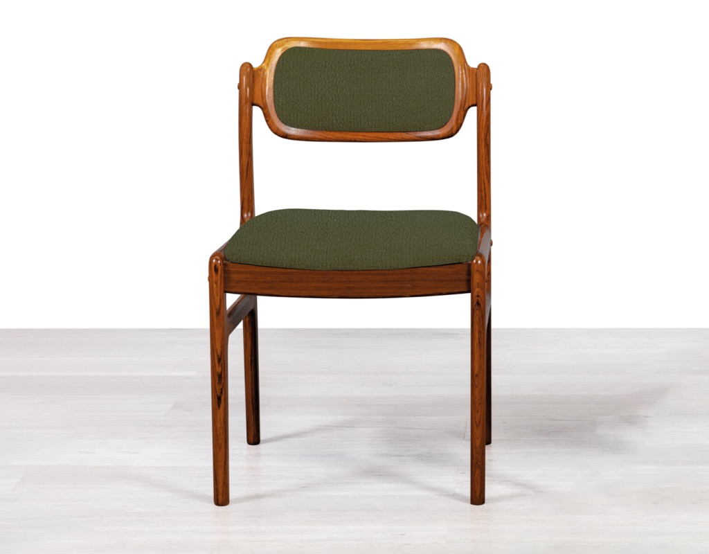 Mid century modern Johannes Andersen dining chairs by Uldum Mobelfabrik in Brazilian rosewood set of eight 1960s Denmark olive green Warwick Fabric