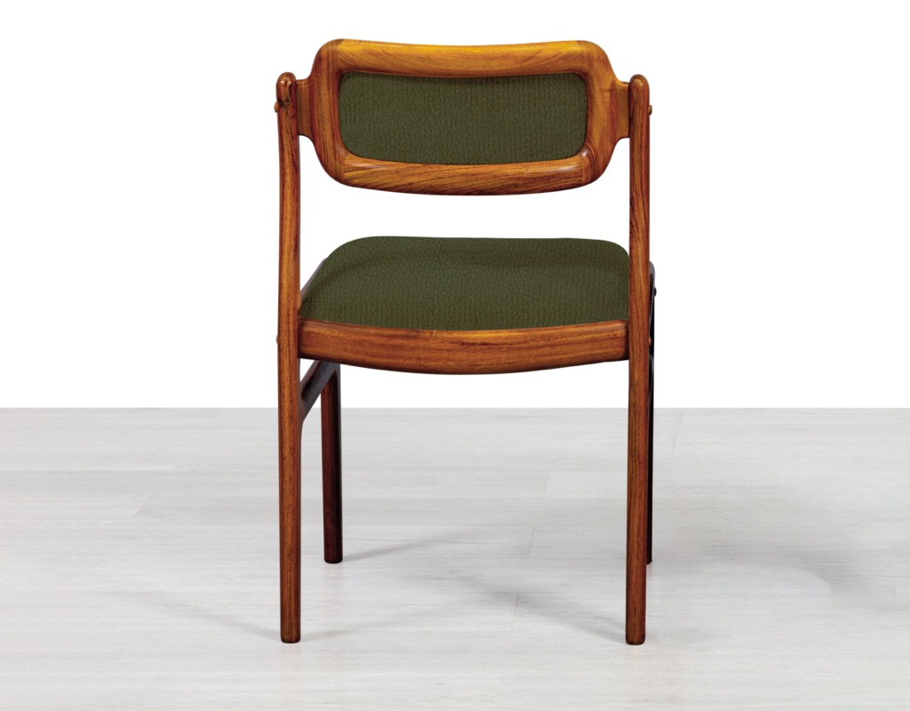 Mid century modern Johannes Andersen dining chairs by Uldum Mobelfabrik in Brazilian rosewood set of eight 1960s Denmark Warwick Upholstery back green