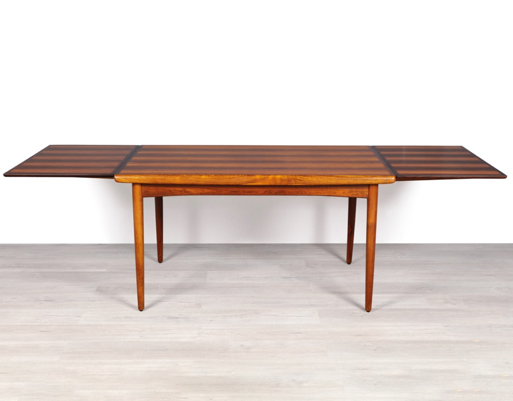 Mid century modern dining table Danish vintage 1960 teak rosewood imported from Denmark draw leaf extension original Scandinavian design Melbourne Brunswick East Brazilian Rosewood Skovby Furniture profile leaves open