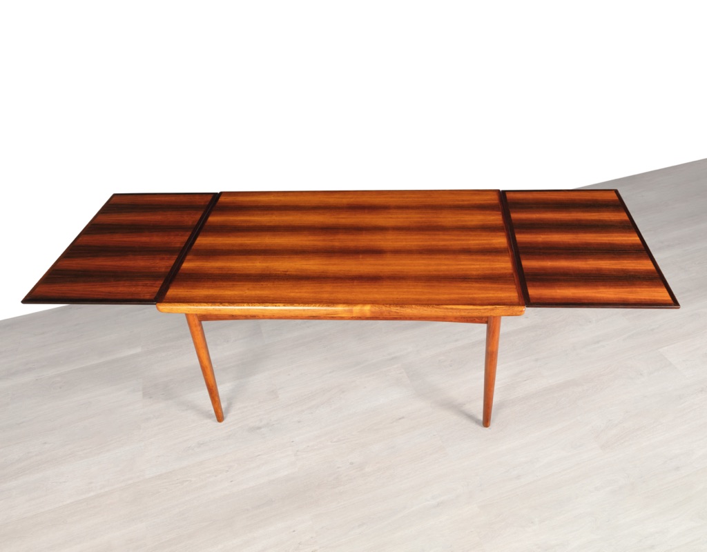 Mid century modern dining table Danish vintage 1960 teak rosewood imported from Denmark draw leaf extension original Scandinavian design Melbourne Brunswick East Brazilian Rosewood Skovby Furniture open fully extended