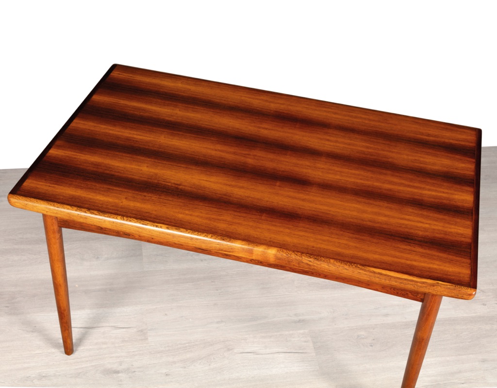Mid century modern dining table Danish vintage 1960 teak rosewood imported from Denmark draw leaf extension original Scandinavian design Melbourne Brunswick East Brazilian Rosewood Skovby Furniture detail top