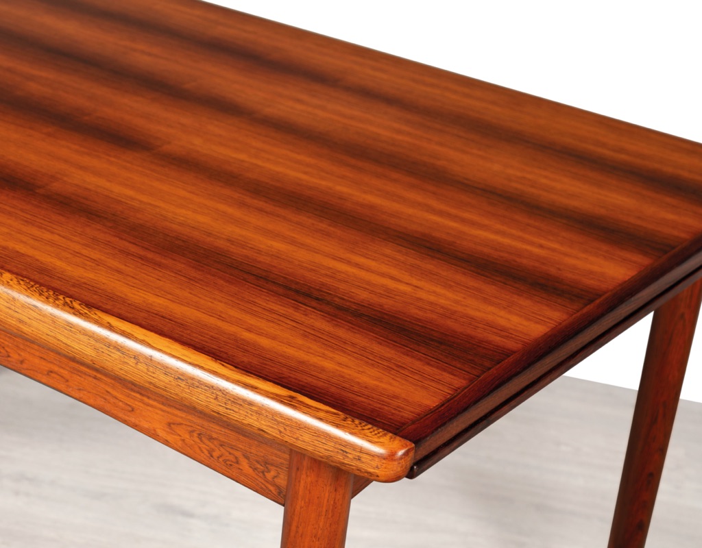 Mid century modern dining table Danish vintage 1960 teak rosewood imported from Denmark draw leaf extension original Scandinavian design Melbourne Brunswick East Brazilian Rosewood Skovby Furniture sloping curved side