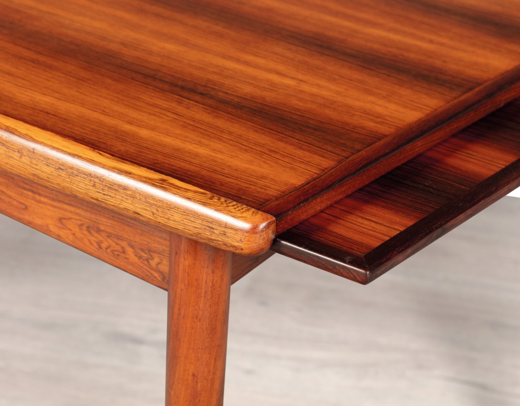 Mid century modern dining table Danish vintage 1960 teak rosewood imported from Denmark draw leaf extension original Scandinavian design Melbourne Brunswick East Brazilian Rosewood Skovby Furniture close up extension leaves