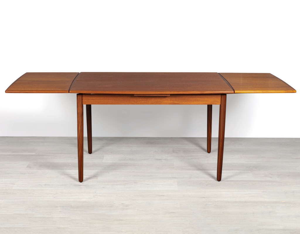 Mid century modern dining table Danish vintage 1960 teak rosewood imported from Denmark draw leaf extension original Scandinavian design Melbourne Brunswick East top view open leaves