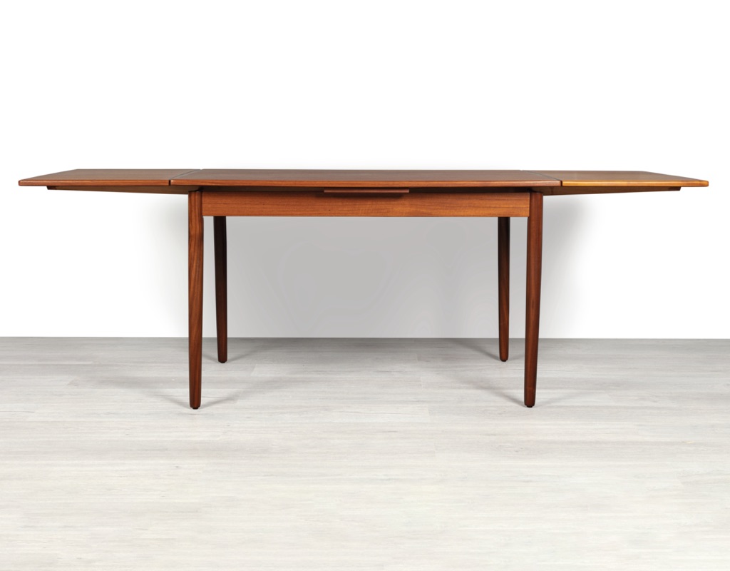 Mid century modern dining table Danish vintage 1960 teak rosewood imported from Denmark draw leaf extension original Scandinavian design Melbourne Brunswick East profile extended