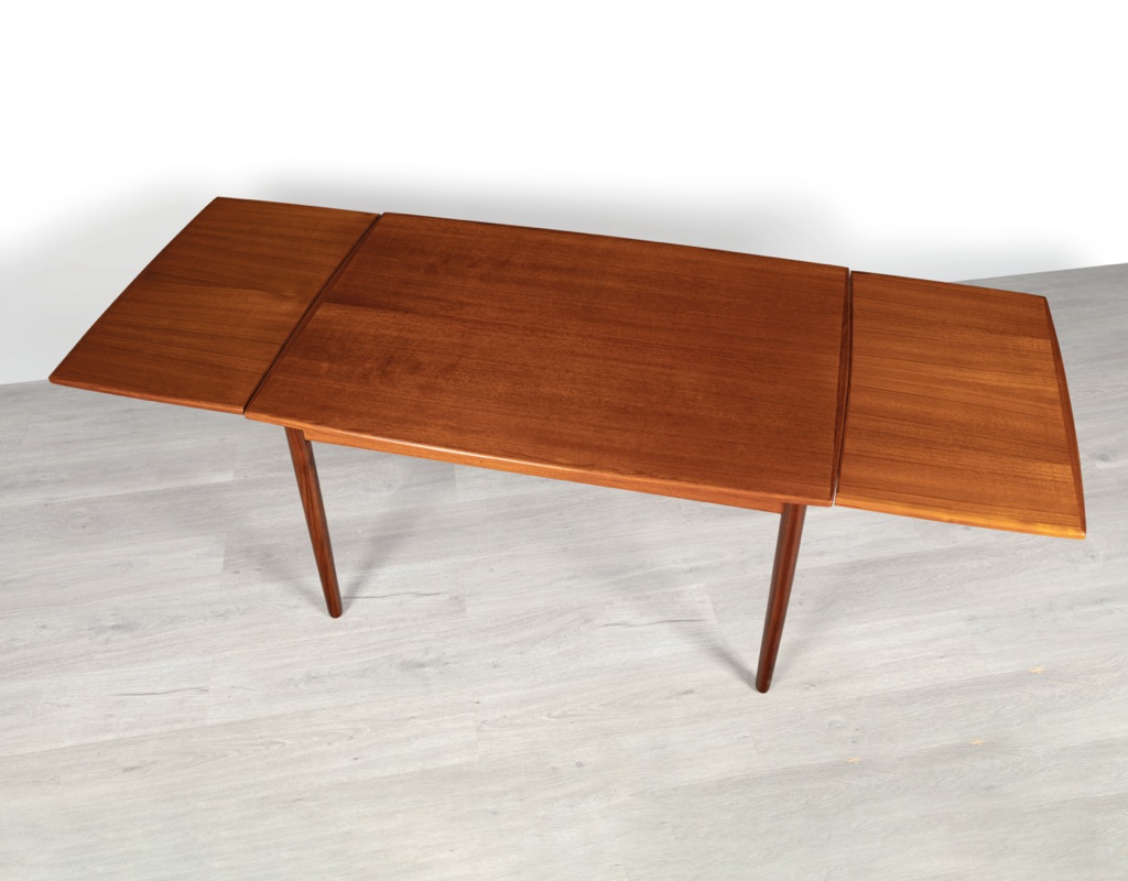 Mid century modern dining table Danish vintage 1960 teak rosewood imported from Denmark draw leaf extension original Scandinavian design Melbourne Brunswick East top view extended 215cm