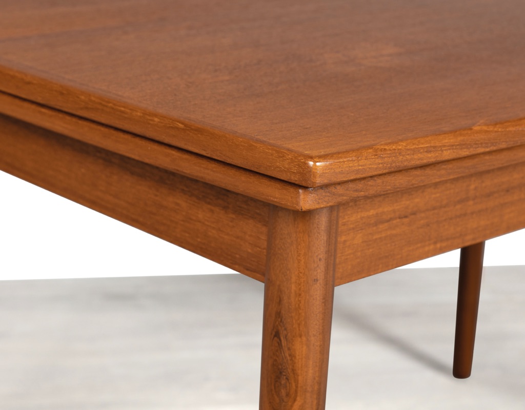 Mid century modern dining table Danish vintage 1960 teak rosewood imported from Denmark draw leaf extension original Scandinavian design Melbourne Brunswick East close up crossbanding