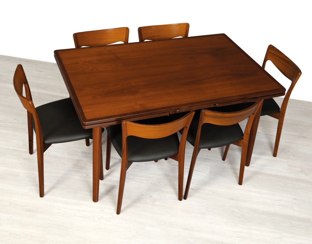 Mid century modern Gunni Omann extension dining table model 50 Omann Jun Danish vintage 1960s Denmark 1960s original imported teak dining room furniture setting dining chairs
