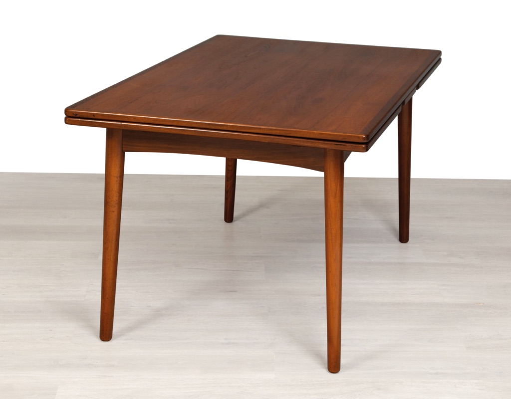 Mid century modern Gunni Omann extension dining table model 50 Omann Jun Danish vintage 1960s Denmark 1960s original imported teak dining room furniture cigar legs