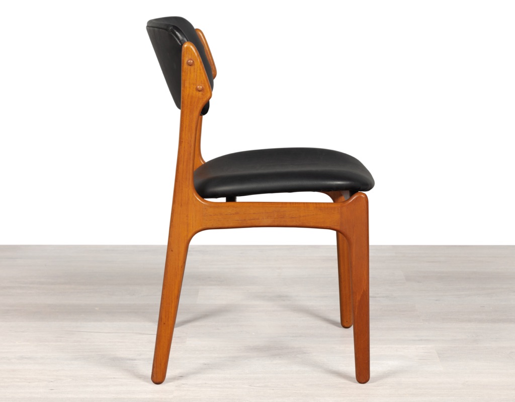 Mid century modern Danish Erik Buch Model 49 dining chair by O.D. Mobler Oddense Mobelfabrik teak frame floating seat design leather seats original vintage Scandinavian designed furniture dining room profile