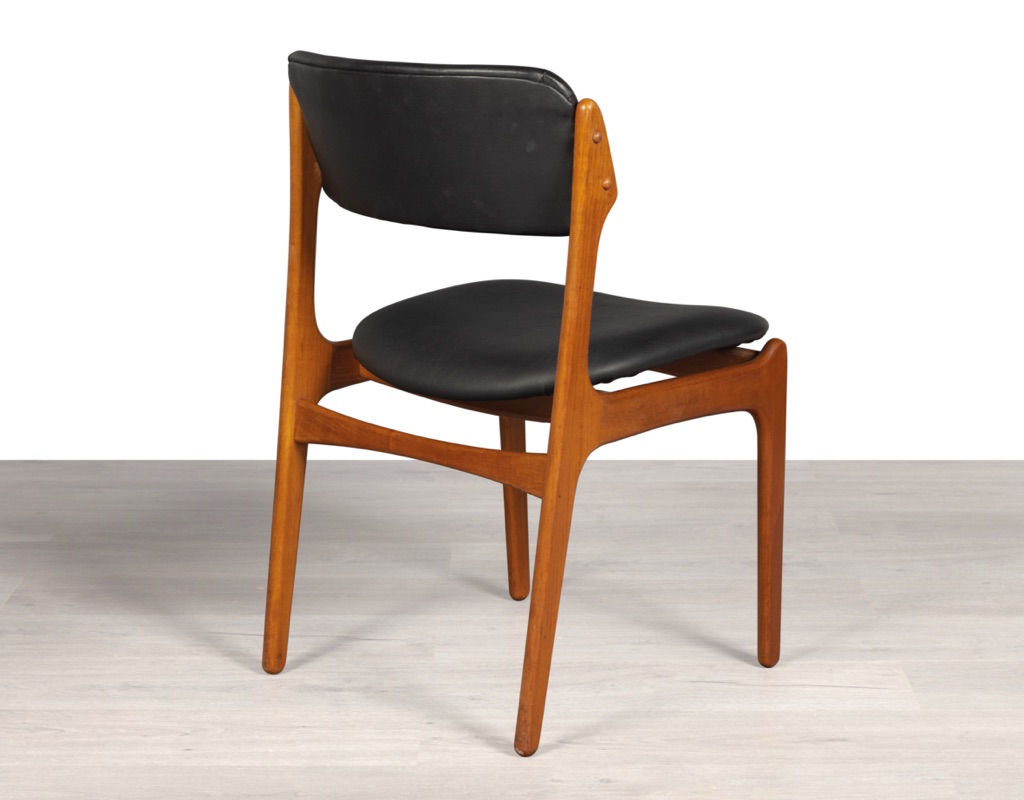 Mid century modern Danish Erik Buch Model 49 dining chair by O.D. Mobler Oddense Mobelfabrik teak frame floating seat design leather seats original vintage Scandinavian designed furniture back view