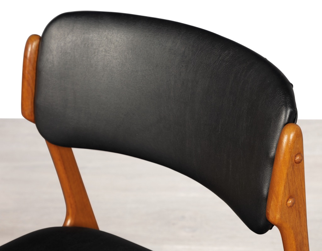 Mid century modern Danish Erik Buch Model 49 dining chair by O.D. Mobler Oddense Mobelfabrik teak frame floating seat design leather seats original vintage Scandinavian designed furniture backrest
