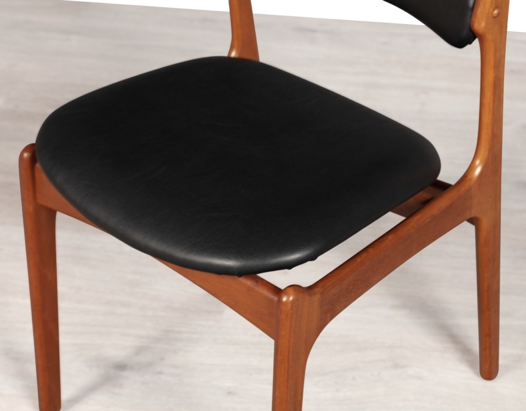Mid century modern Danish Erik Buch Model 49 dining chair by O.D. Mobler Oddense Mobelfabrik teak frame floating seat design leather seats original vintage Scandinavian designed furniture seat black leather
