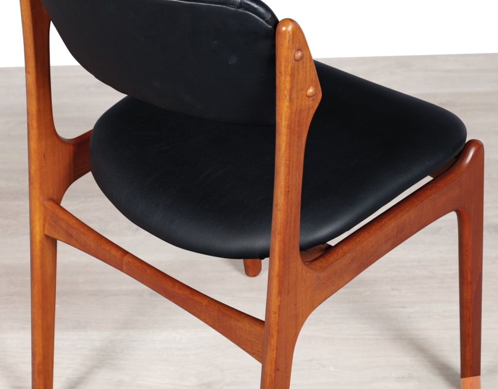 Mid century modern Danish Erik Buch Model 49 dining chair by O.D. Mobler Oddense Mobelfabrik teak frame floating seat design leather seats original vintage Scandinavian designed furniture dowels