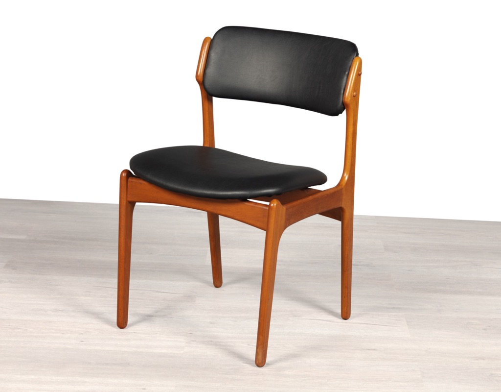 Mid century modern Danish Erik Buch Model 49 dining chair by O.D. Mobler Oddense Mobelfabrik teak frame floating seat design leather seats original vintage Scandinavian designed furniture seating