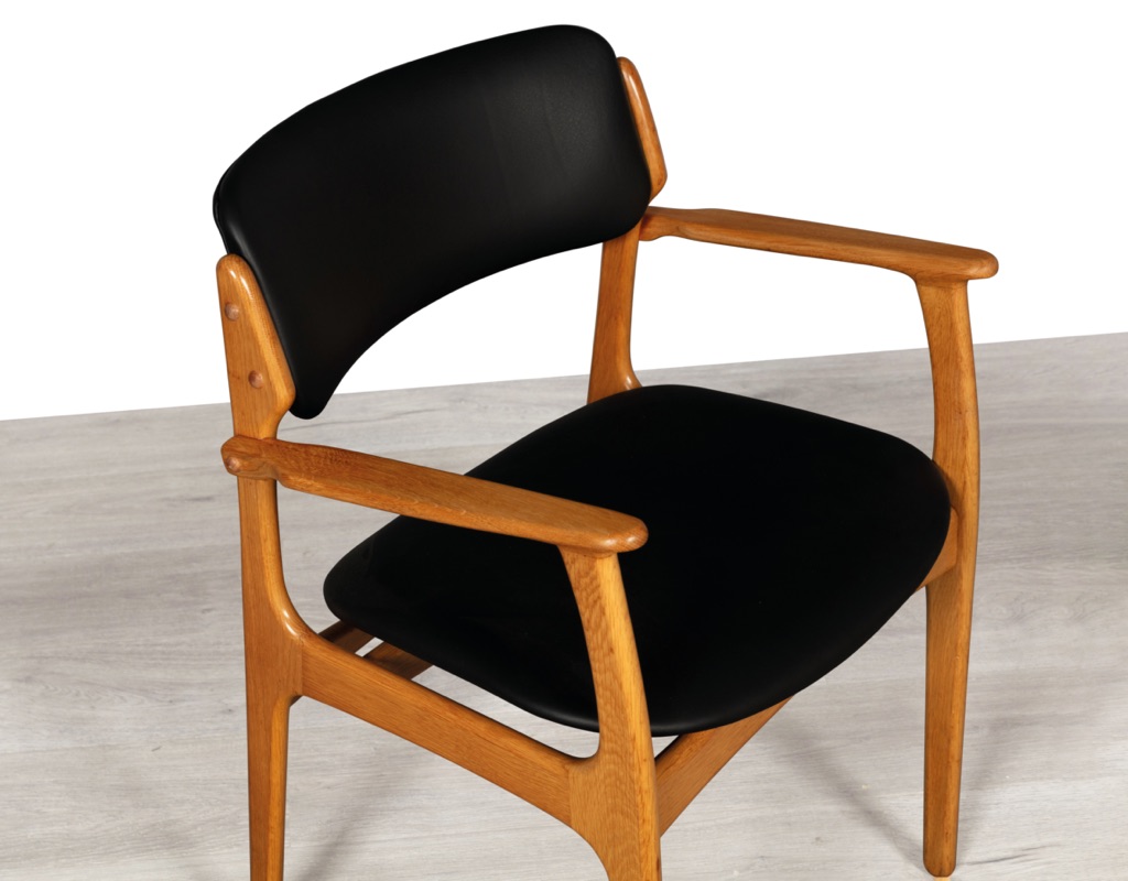 Mid century modern Erik Buch Model 49 dining chairs Danish vintage 1960 seating O.D. Mobler Oddense Mobelfabrik European oak leather set of eight carver armchairs top view