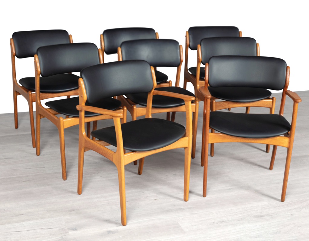 Mid century modern Erik Buch Model 49 dining chairs Danish vintage 1960 seating O.D. Mobler Oddense Mobelfabrik European oak leather set of eight carver armchairs restored original Scandinavian design