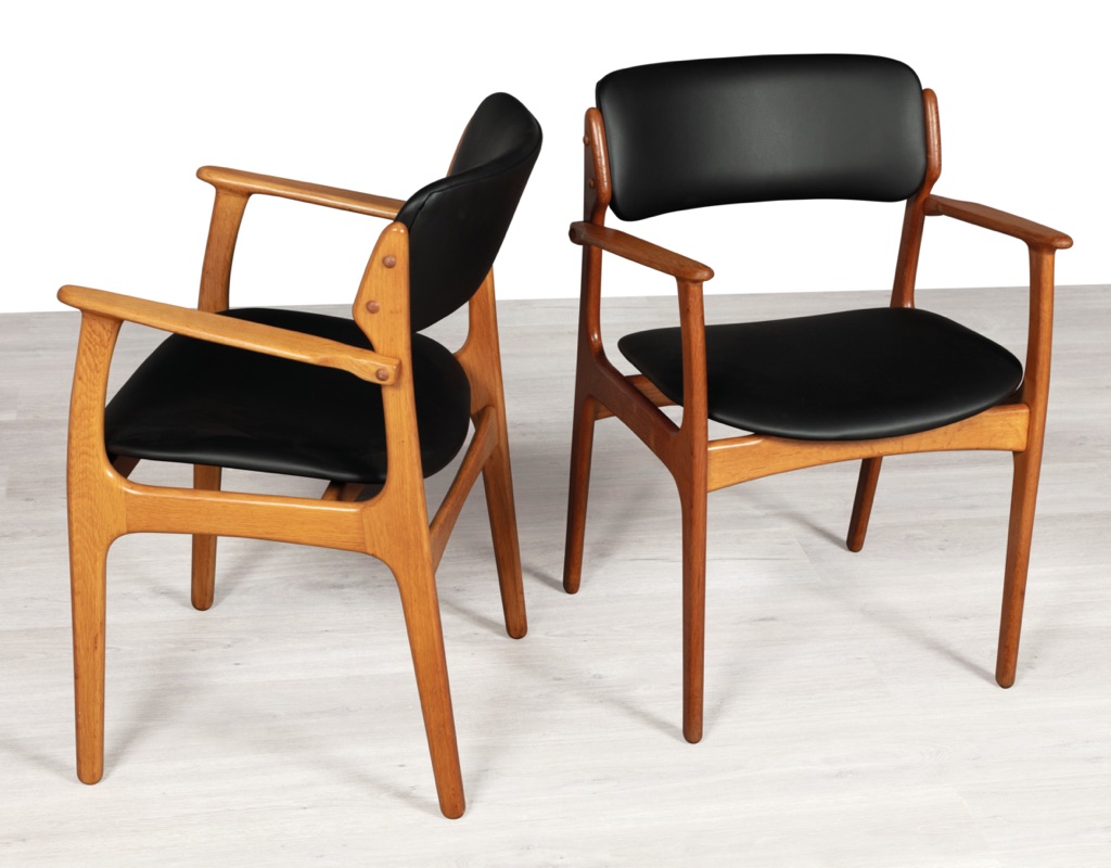 Mid century modern Erik Buch Model 49 dining chairs Danish vintage 1960 seating O.D. Mobler Oddense Mobelfabrik European oak leather set of eight carver armchairs teak